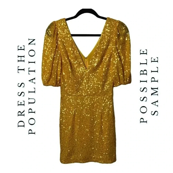 DRESS THE POPULATION POSSIBLE SAMPLE DRESS MINI LENGTH GOLD SEQUINS SHORT SLEEVE - Picture 1 of 9